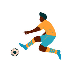 Male Soccer Player Kicking Ball, African American Male Footballer Character in Sports Uniform Vector Illustration