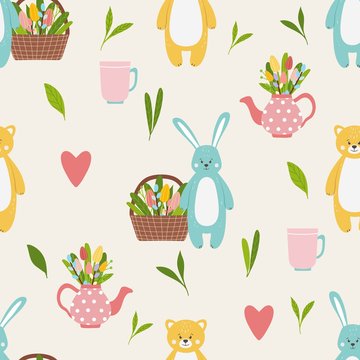 Pattern with cute funny blue hare and yellow bear animals