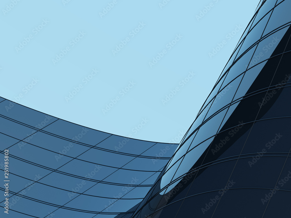Poster 3d stimulate of high rise curve glass building and dark steel window system on blue sky background,b