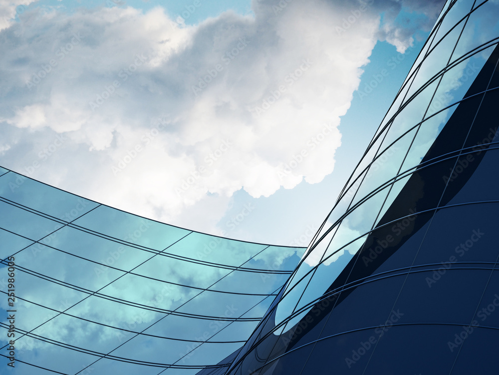Poster 3d stimulate of high rise curve glass building and dark steel window system on blue sky background,b