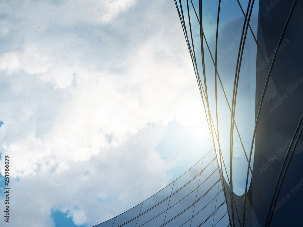 Poster 3d stimulate of high rise curve glass building and dark steel window system on blue sky background,b