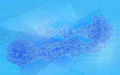 The image illustrates blockchain - the series of data blocks. Background in blue colors.