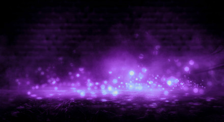 Dark empty room, old brick walls, concrete floor, smoke, pyal, smog. Violet abstract light, night view.