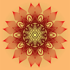 Ornamental Circle Pattern. Sacred Oriental Mandala. Color Floral Ornament. Vector Illustration. For Coloring Book, Card, Invitation, Tattoo. Anti-Stress Therapy Pattern. Red orange gold colour.