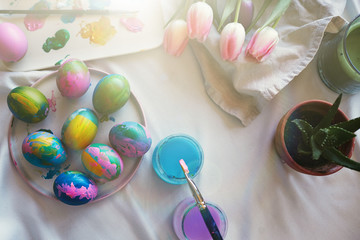 Happy easter decoration. Happy family preparing for Easter.