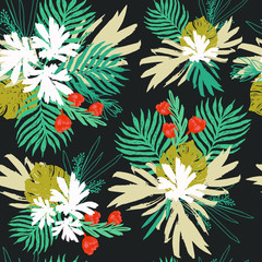 Fototapeta na wymiar Exotic Bouquet Flowers with Palm Leaves Seamless Pattern Print