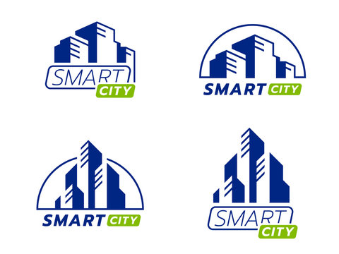 Blue and green smart city logo sign with modern abstract isometric building collection vector design