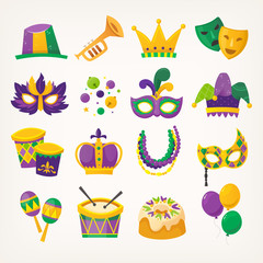 Set of colorful attributes for celebrating Mardi Gras - traditional spring holiday and carnival parade in New Orleans. Isolated vector elements 