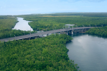 Aerial view on a bridge crossing the narrow strait separating the two Islands basse and grand terre...