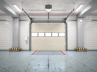 Hangar interior with gate. 3d illustration