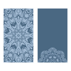 Design Vintage Cards With Floral Mandala Pattern And Ornaments. Vector Template. Islam, Arabic, Indian, Mexican Ottoman Motifs. Hand Drawn Background. Pastel blue color
