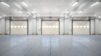 Hangar interior with gates. 3d illustration