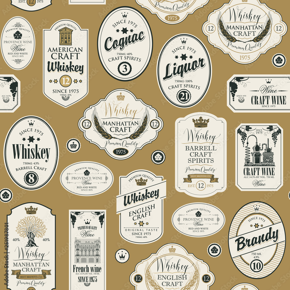 Poster vector seamless pattern with collage of labels for various alcoholic beverages in retro style with i