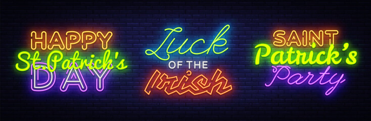 Big set neon signboard for St. Patrick's Day. Happy Saint Patrick's Day neon sign, design template, modern trend design, night neon signboard, night bright advertising. Vector illustration