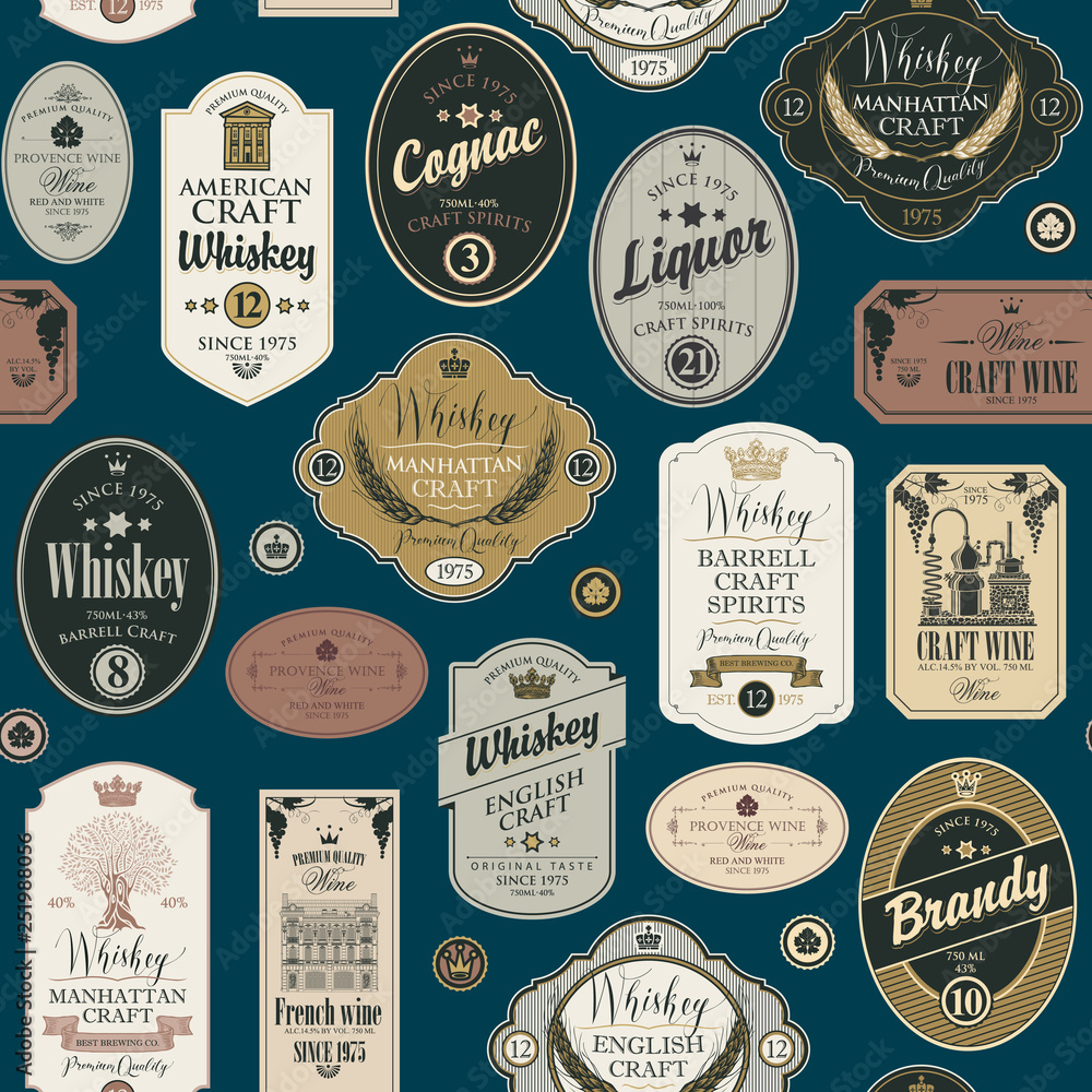 Poster vector seamless pattern with collage of labels for various alcoholic beverages in retro style with i