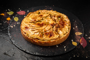 Cherry or berry pie.  Fragrant, Christmas dessert or summer on black background