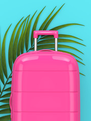 3d render of suitcase with palm leaf over blue background