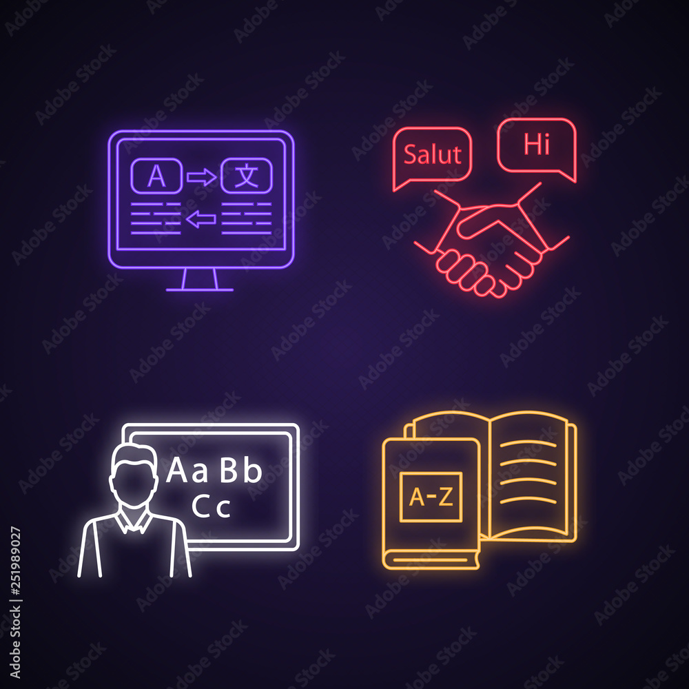 Poster foreign language learning neon light icons set