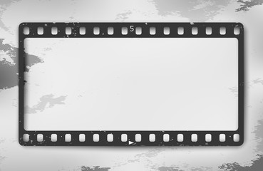 Black grunge film strip with shadow is on stained background. Vector illustration