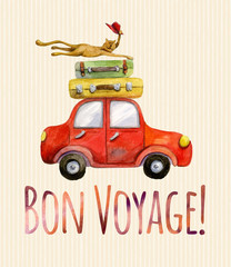 Travel banner. Watercolor funny cartoon poster. Illustration with car, baggage and happy bye-bye cat with red hat. Bon Voyage lettering. - obrazy, fototapety, plakaty