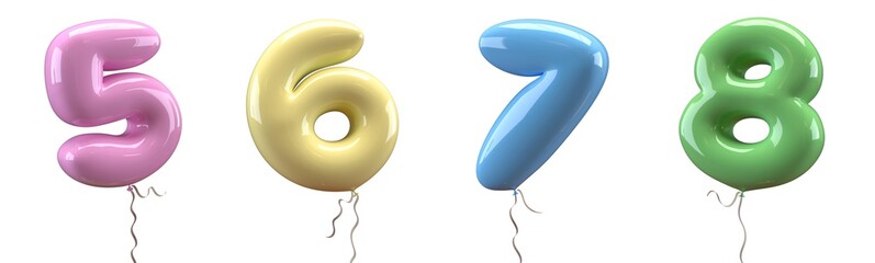 Brilliant balloons font number 5, 6, 7, 8, made of realistic elastic color rubber balloon. 3D illustration for your extraordinary balloon decoration in several concepts idea in many occasions