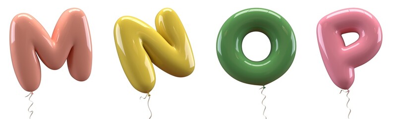 Brilliant balloons font. Alphabet letter m, n, o, p made of realistic elastic color rubber balloon. 3D illustration for your extraordinary balloon decoration in several concepts idea in many occasion
