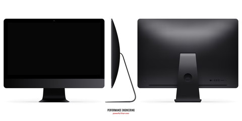 computer monitor mockup in black color view front, back and side