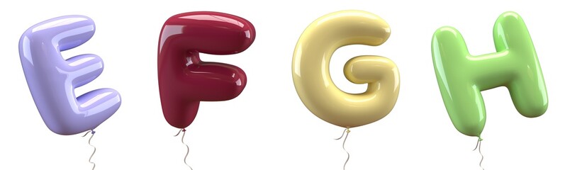 Brilliant balloons font. Alphabet letter e, f, g, h made of realistic elastic color rubber balloon. 3D illustration for your extraordinary balloon decoration in several concepts idea in many occasion - obrazy, fototapety, plakaty