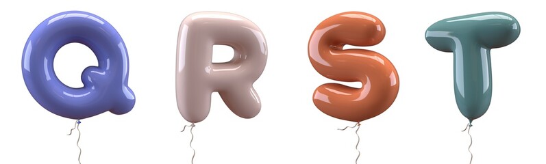 Brilliant balloons font. Alphabet letter q, r, s, t, made of realistic elastic color rubber balloon. 3D illustration for your extraordinary balloon decoration in several concepts idea in many occasion