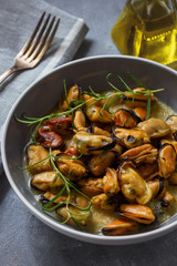Mussels cooked with garlic, lemon and rosemary.