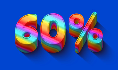 60 percent sale discount with Dazzling rainbows number and supersaturated color background. Realistic 3D render vivid illustration for your brightest trendy sale ads, poster on hot Spring , Summer
