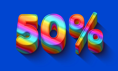 50 percent sale discount with Dazzling rainbows number and supersaturated color background. Realistic 3D render vivid illustration for your brightest trendy sale ads, poster on hot Spring , Summer