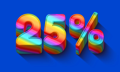 25 percent sale discount with Dazzling rainbows number and supersaturated color background. Realistic 3D render vivid illustration for your brightest trendy sale ads, poster on hot Spring , Summer