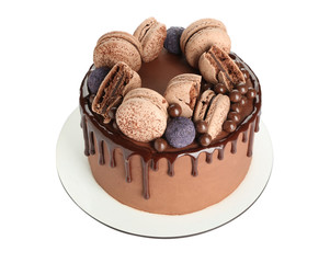 Sweet chocolate cake on white background