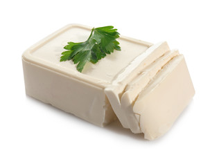 Tasty feta cheese on white background