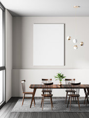 Mock up poster frame in modern dining room. Scandinavian style dining room. 3D illustration.