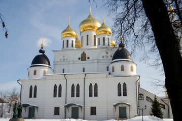 Dormition church. Kremlin in Dmitrov, old historical town in Moscow region, Russia. Color winter photo. Popular landmark.