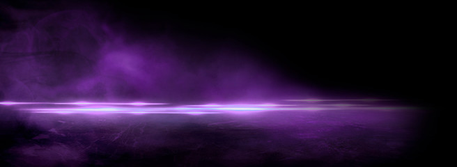 Dark empty room, old brick walls, concrete floor, smoke, dust, smog. Violet abstract light, night view.