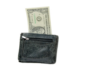 One dollar in an empty leather wallet. Unemployment and poverty.No money in the purse.