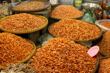 Several bags of dried shrimp for sale at Asian food market