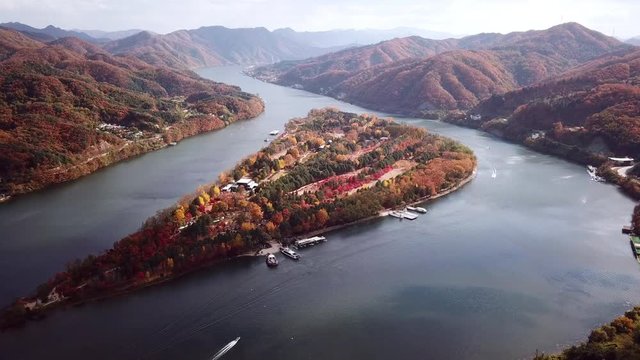 Aerial view Autumn of Nami island in Seoul ,South Korea.