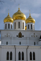 Fototapeta na wymiar Dormition church. Kremlin in Dmitrov, old historical town in Moscow region, Russia. Color winter photo. Popular landmark.
