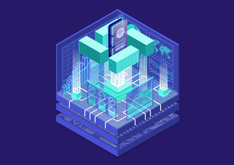 Application containerization and modular software development concept with symbol of smartphone and containers as isometric vector illustration. 