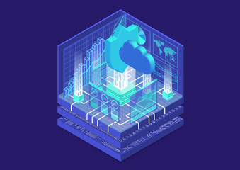 Cloud computing security concept with symbol of floating cloud and shield as isometric 3d vector illustration. 