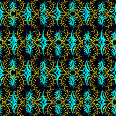 abstract floral ornament of golden and light blue colors on a dark background
