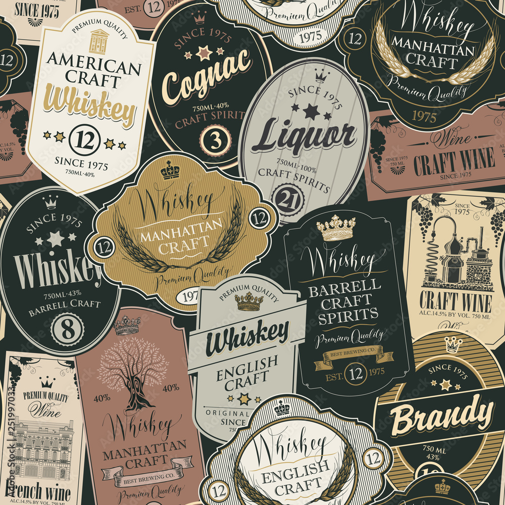 Poster vector seamless pattern with collage of labels for various alcoholic beverages in retro style with i