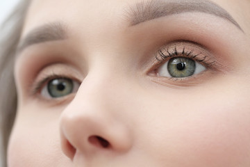 Fototapeta premium Make-up artist paints a girl with black mascara eyelashes closeup.