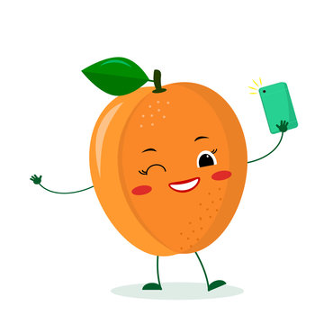 Cute ripe apricot cartoon character with a smartphone and does selfie. Logo, template, design. Vector illustration, a flat style