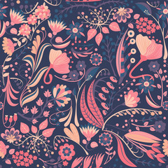 Floral seamless pattern. Hand drawn creative flowers. Colorful artistic background with blossom. Abstract herb. It can be used for wallpaper, textiles, wrapping, card. Vector illustration, eps10