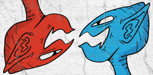 red and blue fantasy faces